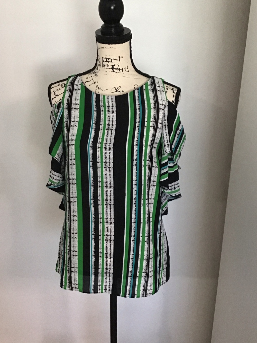 🆕 Worthington Green, Black & White Striped Cold-Shoulder Blouse